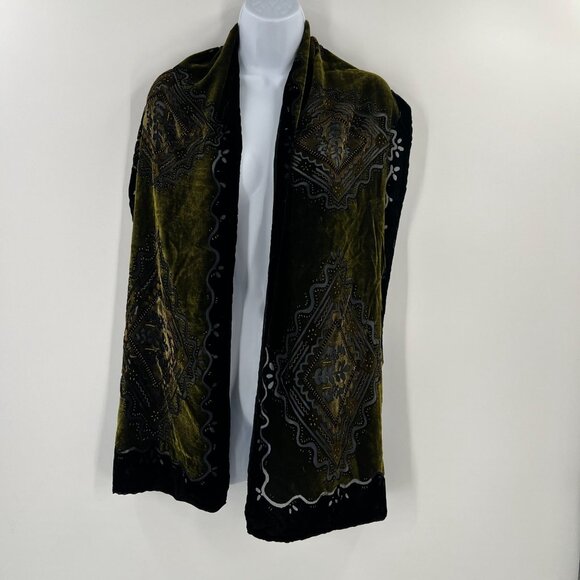 Black Green Velvet Burnout Shawl Devore Beaded Scarf Goth Boho Evening Wrap - Picture 8 of 8